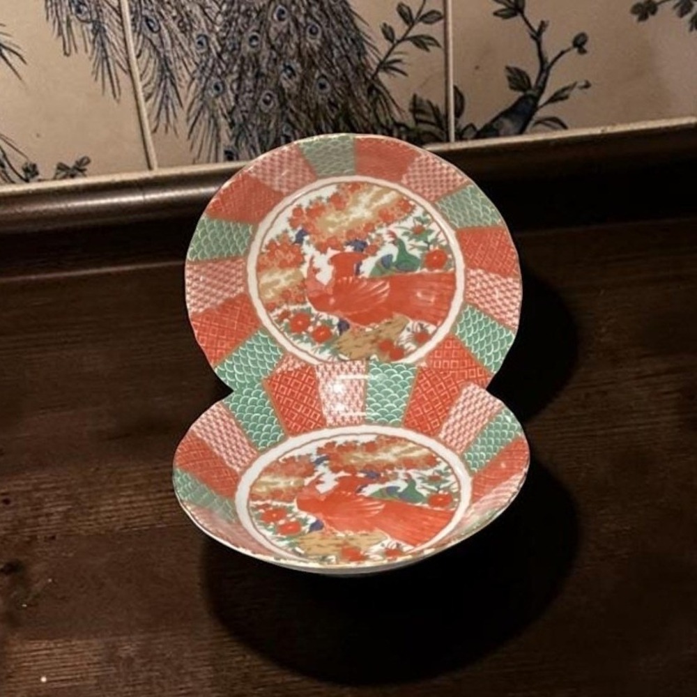 Arita Imari Peacock Coupe Bowls, Set of 2, Vintage Asian Themed Dinnerware